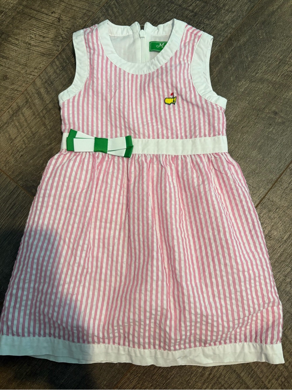 Masters 2T Pink and White Striped Sleeveless Seersucker Dress with Green Bow